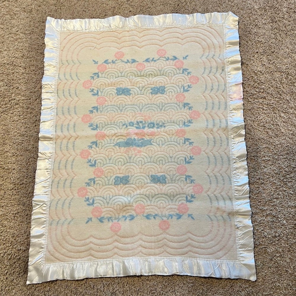 Vintage Reversible Baby Blanket Pink Blue Floral Satin Ruffle Trim 35x44